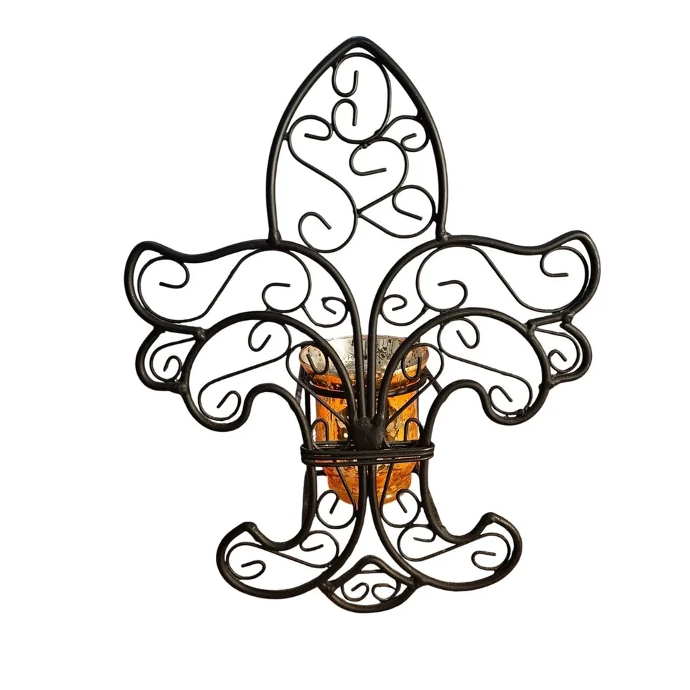 Vintage Ornate Black Metal Wall‎ Sconce Candle Holder with Amber Glass Insert
